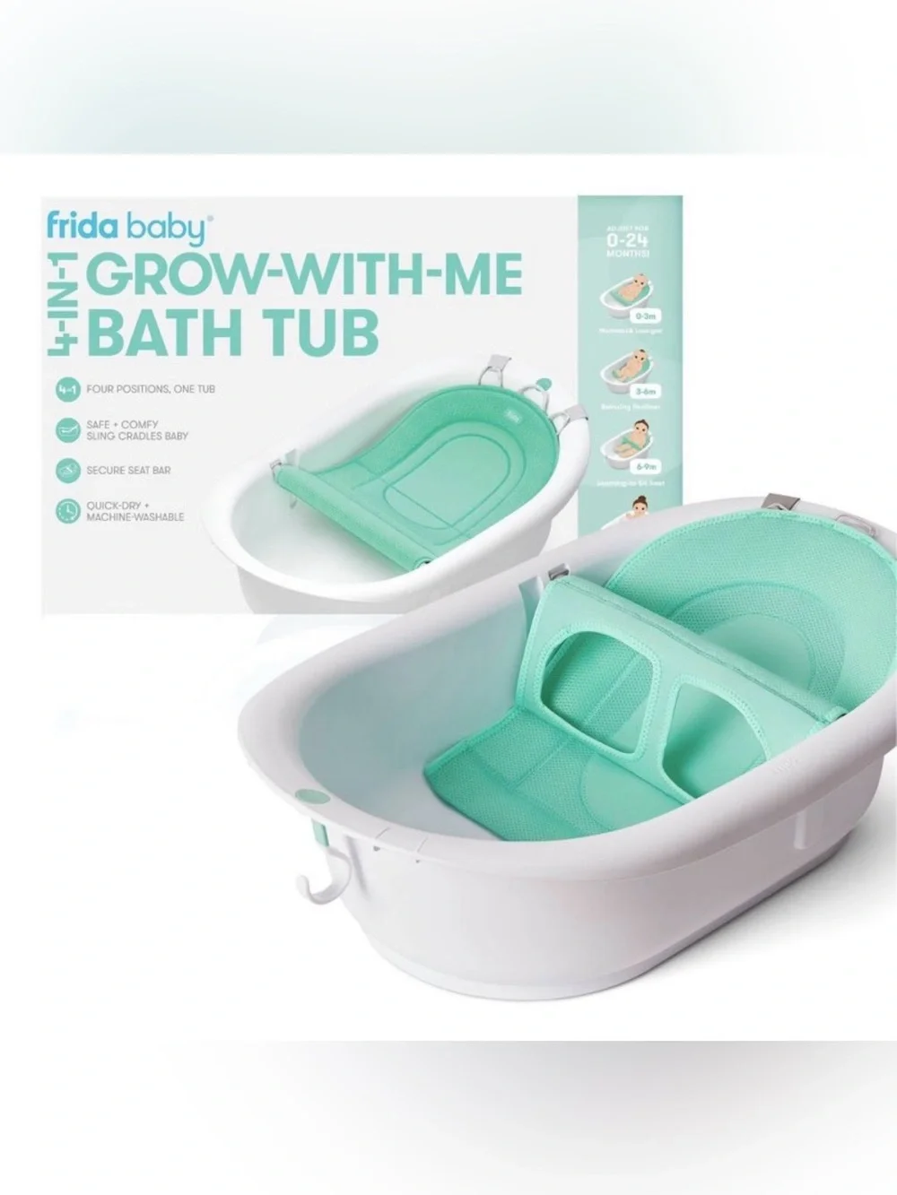NIB - 4 in 1 frida baby Grow-With-Me Baby Bath Tub in Mint with Support Sling